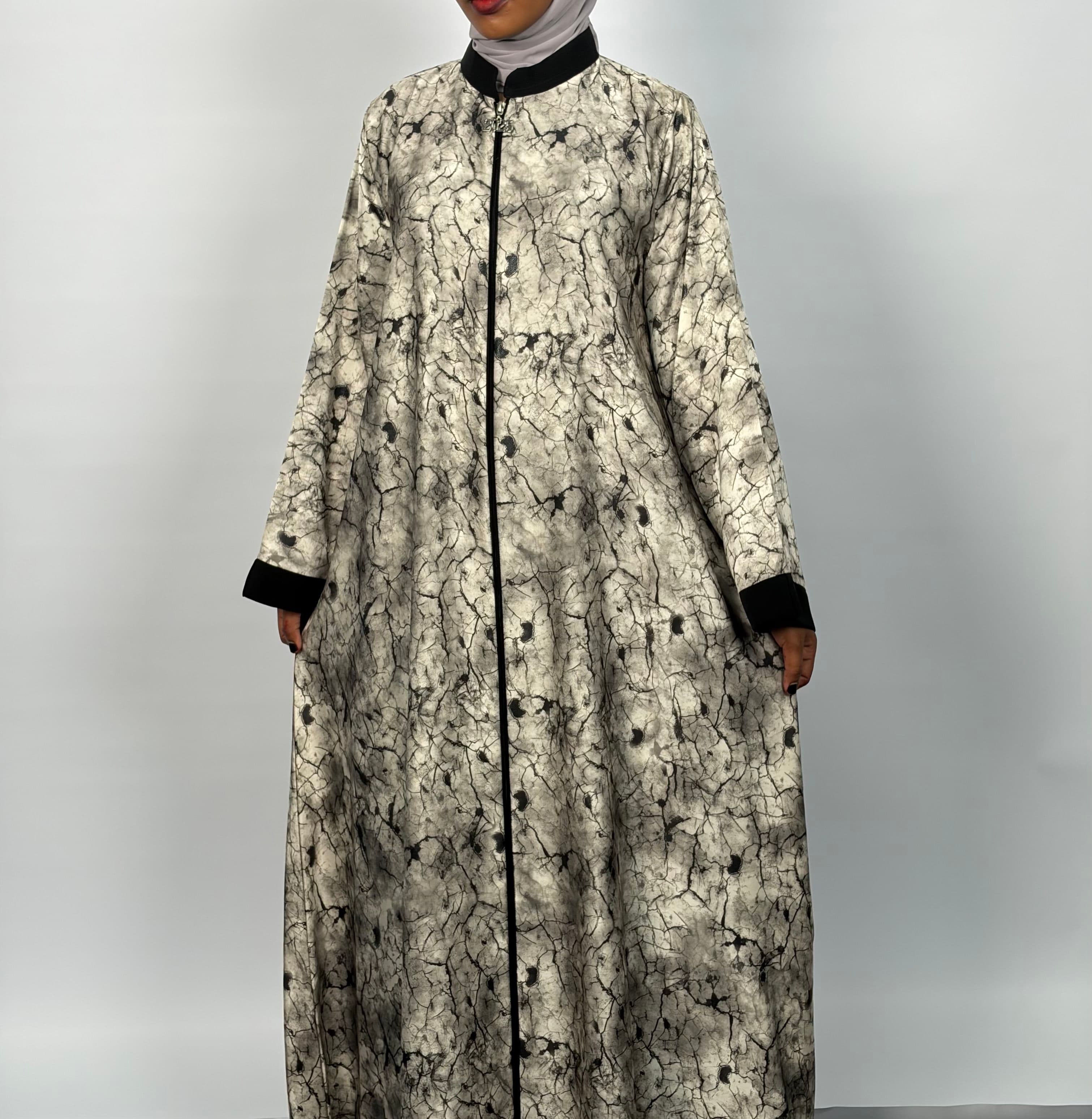 Marble Mist Zipper abaya  - Light gray