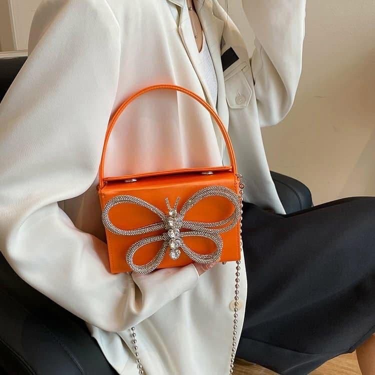 Women’s New Style Box Clutch Purse with Butterfly-Shaped Rhinestones